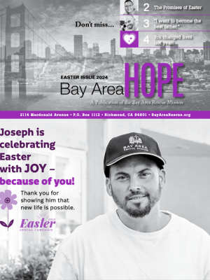 Cover of Bay Area Rescue Newsletter showing the picture of a man the rescue helped